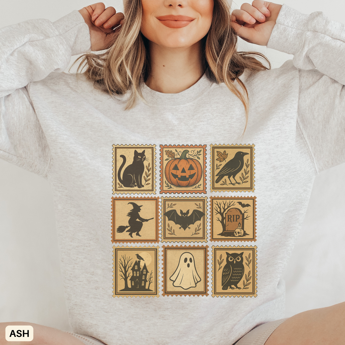 Halloween Vintage Stamps Cat and pumpkins Crewneck - Cozy Fall Sweatshirt Outfit