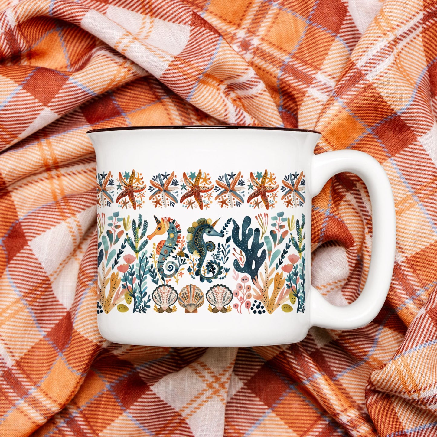 Sea horses Coffee Mug Nordic Folk Art Cup for Beach Lovers