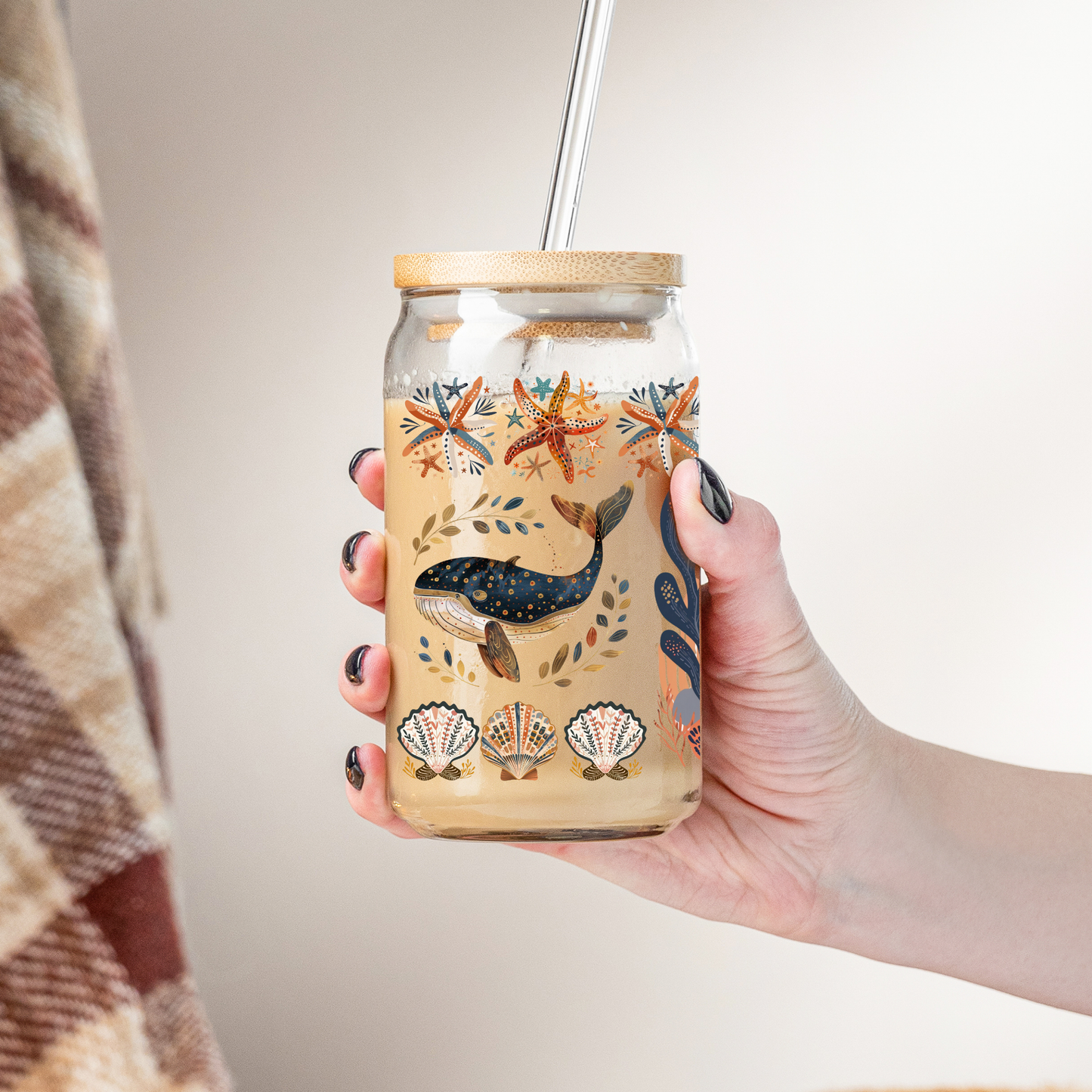 Coastal Whale and Starfish Glass Tumbler Perfect for Beach House Drinkware