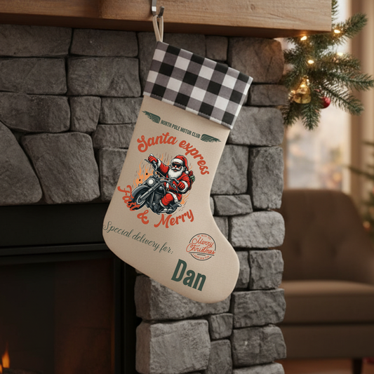 Personalized Motorcycle Christmas Stocking - Custom Name Biker Gift - Rustic Santa Sack for Dad