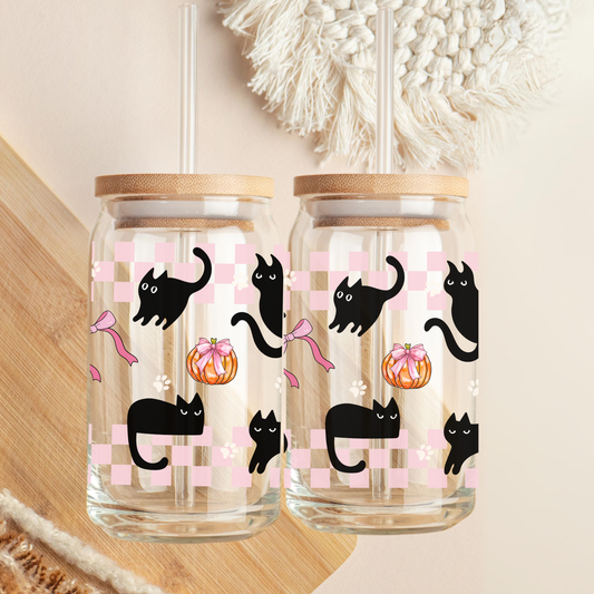 Glass tumbler for Iced Coffee themed with black cats and coquette pumpkins style perfect gift for halloween and all season vibes