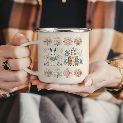 Rabbit Camp Mug with Nordic Folk Art - Thank you Gift Easter and Brunch Decor