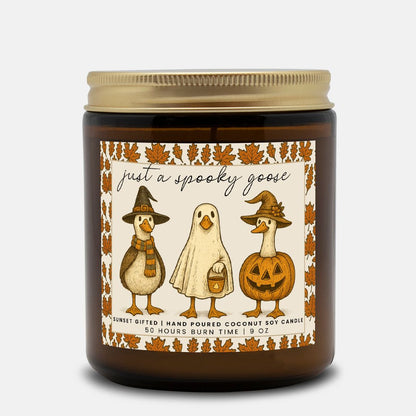 Halloween Spooky Goose Candle - Cozy Fall Scented Gift 9oz Amber Jar