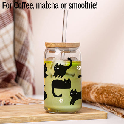 Glass soda can themed with black cats and pawns includes bamboo lid and straw-perfect gift for cat lover and fall season