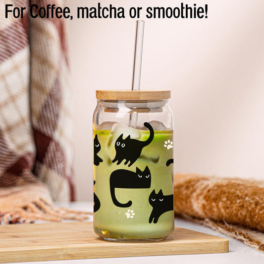 Glass soda can themed with black cats and pawns includes bamboo lid and straw-perfect gift for cat lover and fall season