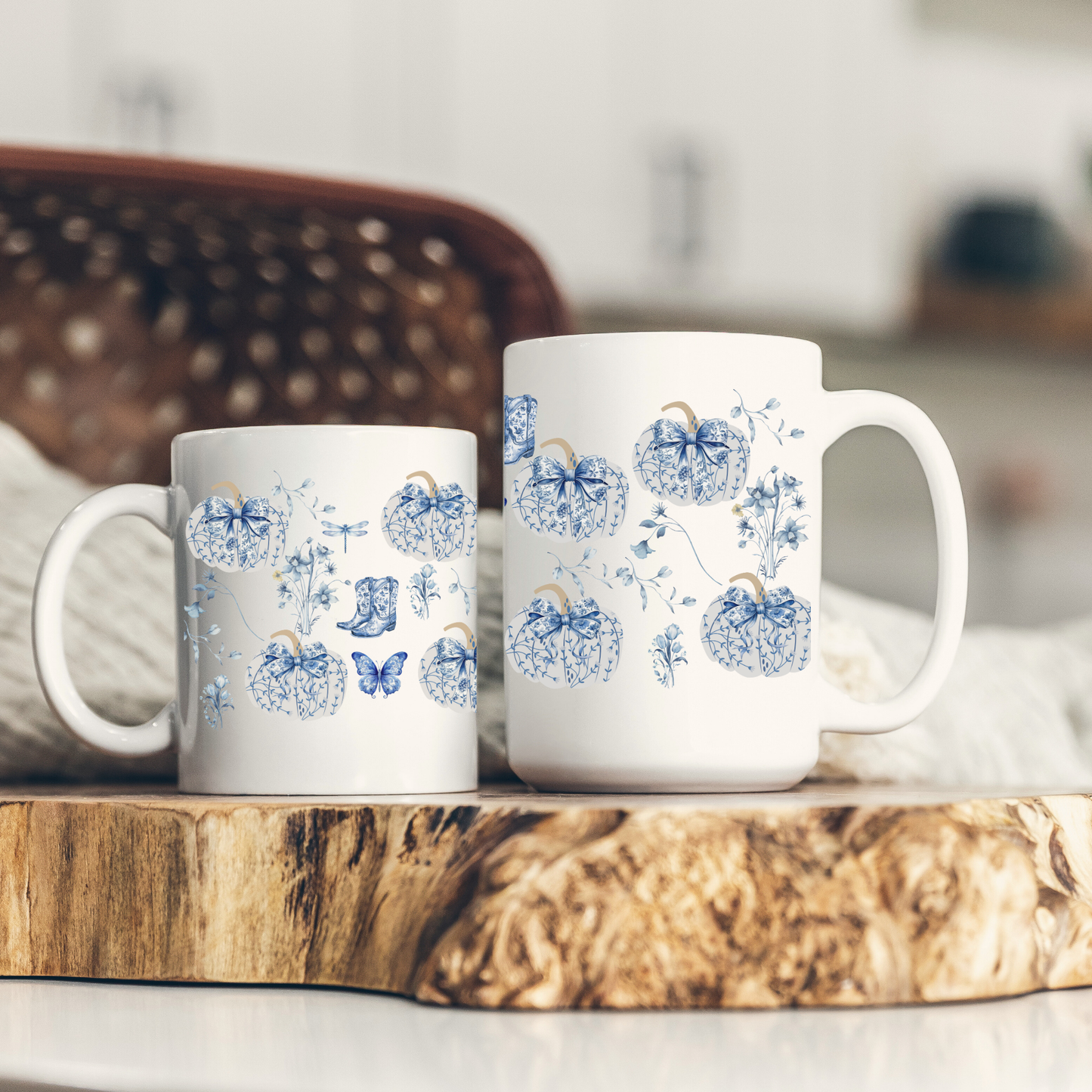 Blue Pumpkin Chinoiserie Mug - Cozy Fall Gift for Thanksgiving