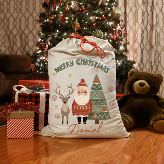 Personalized Santa Sack - Custom Name Christmas Gift Bag - Nordic Reindeer Stocking