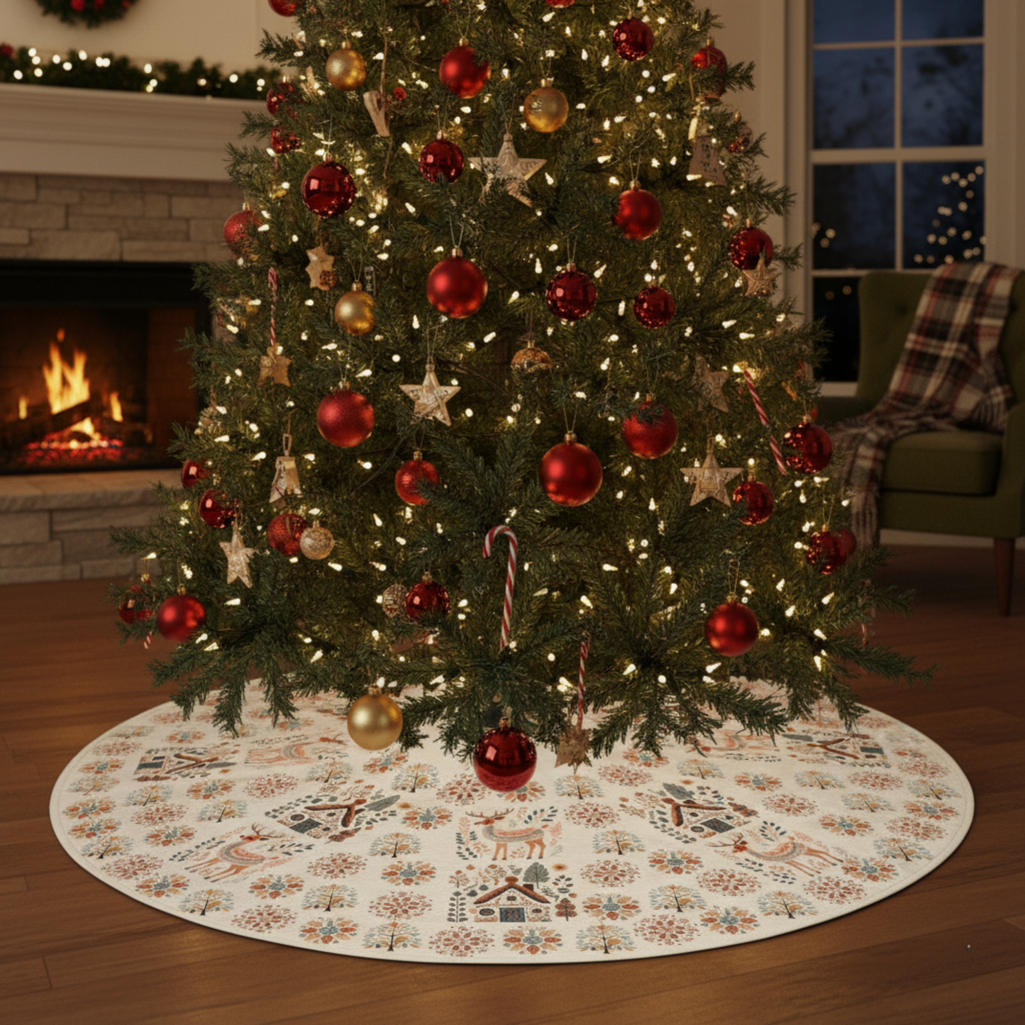 Scandinavian Christmas Tree Skirt - Nordic Hygge Home Decor - Mountain Folk Art Design