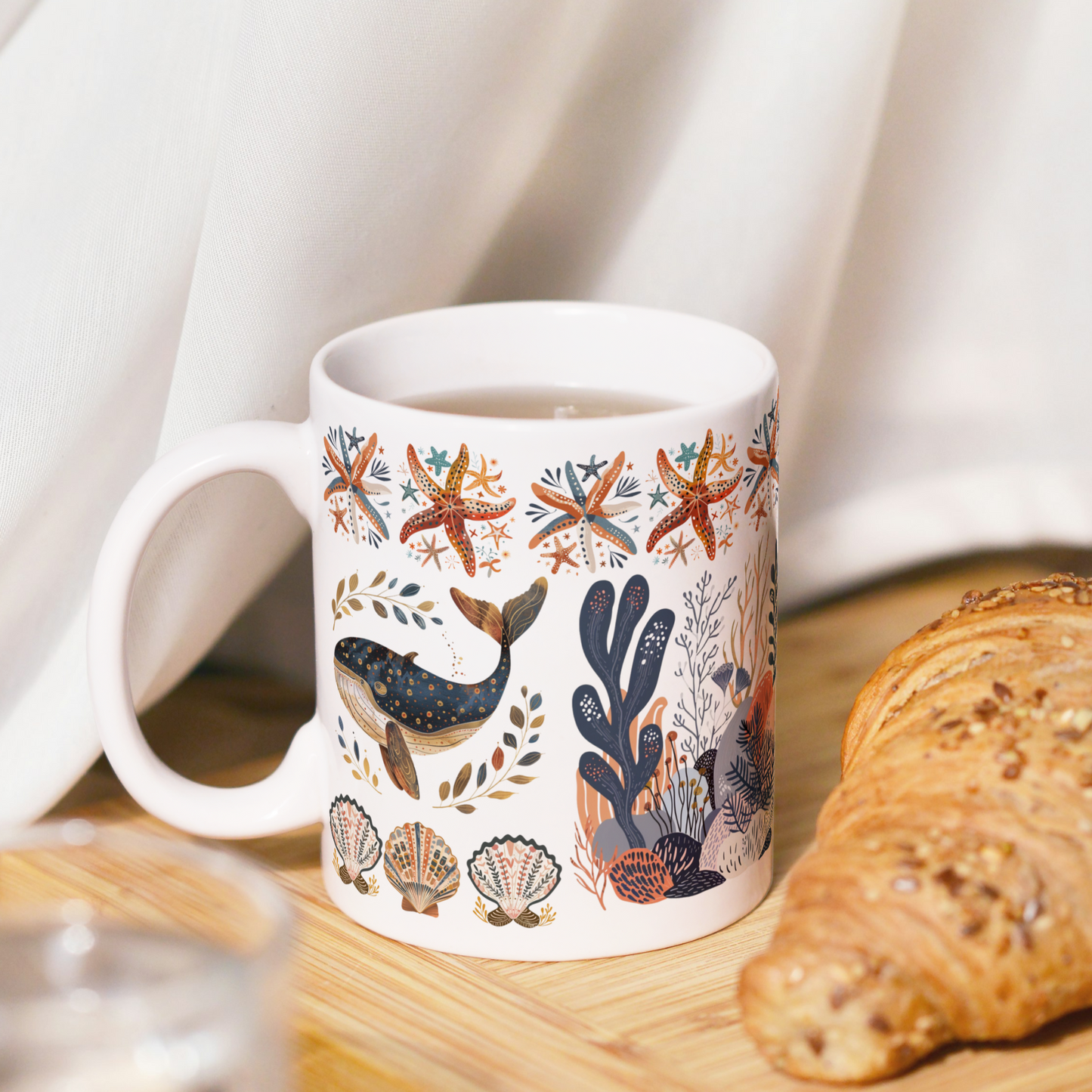 Coastal Marine Life Mug - Whales and Starfish Art Cup for Ocean and beach Lover Gift