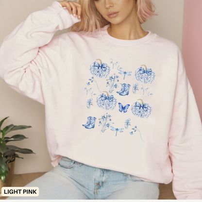 Blue Coquette Pumpkin Sweatshirt - Cozy Floral Women Fall Outfits