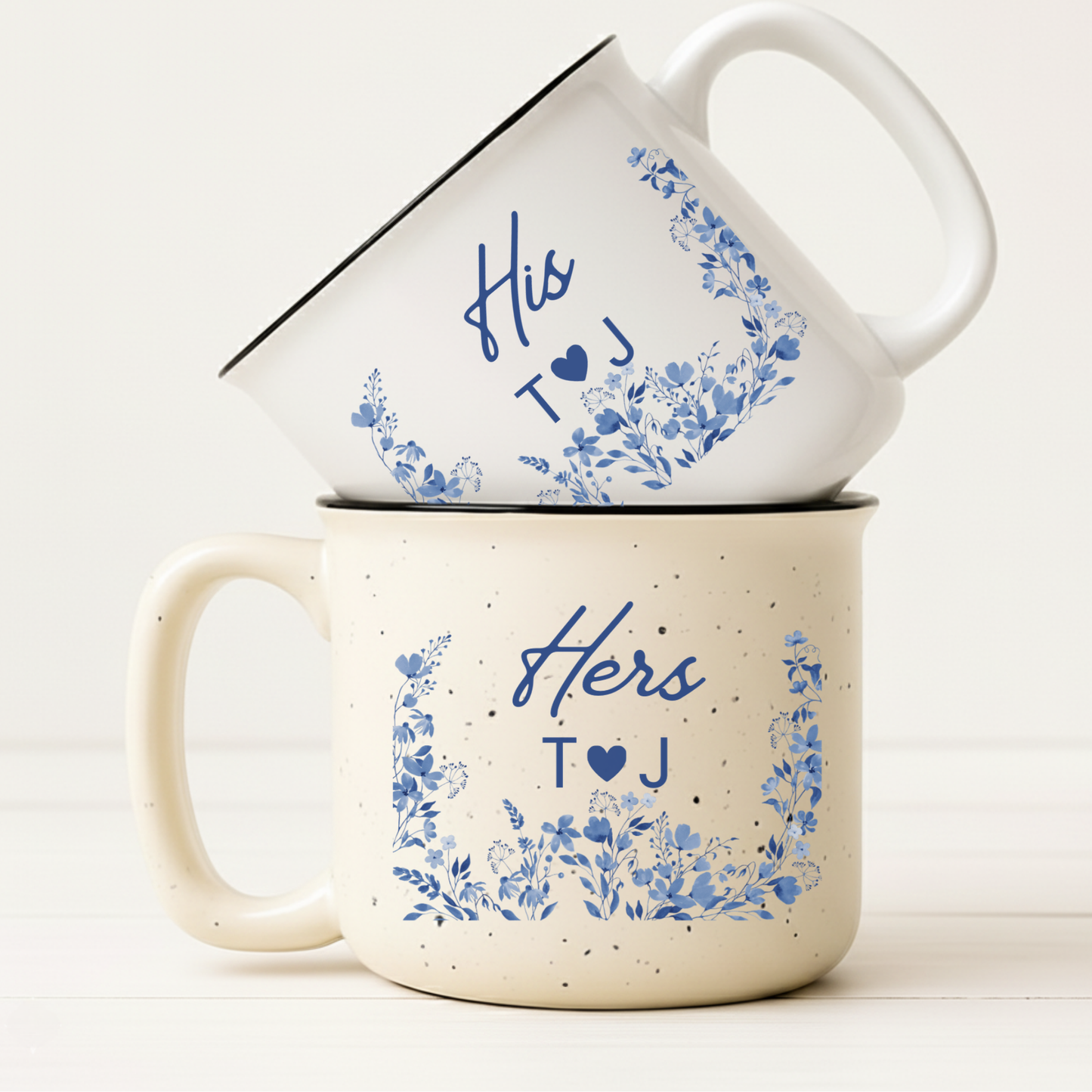 Personalized Engagement Gift Mug - His and Hers Blue Floral - Custom Wedding Gift for Couple