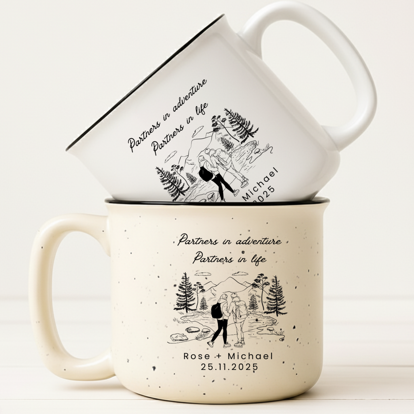 Ceramic camp style mugs with mountains couple design and custom names ideal gift for newly engaged and wedding 