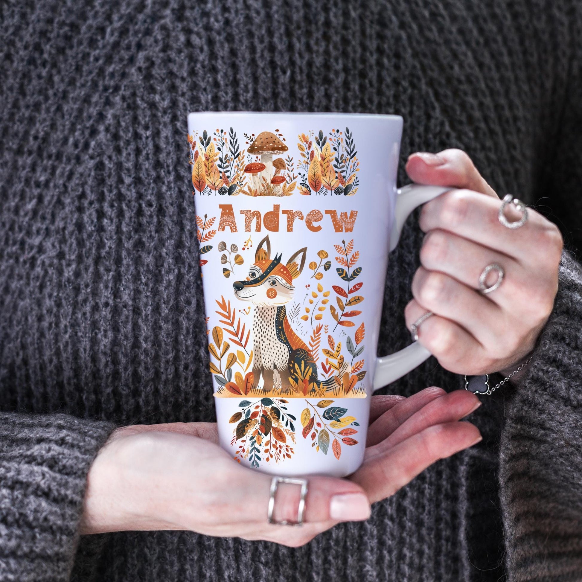 Latte Mug with themed fox and Scandinavian design in warm colors