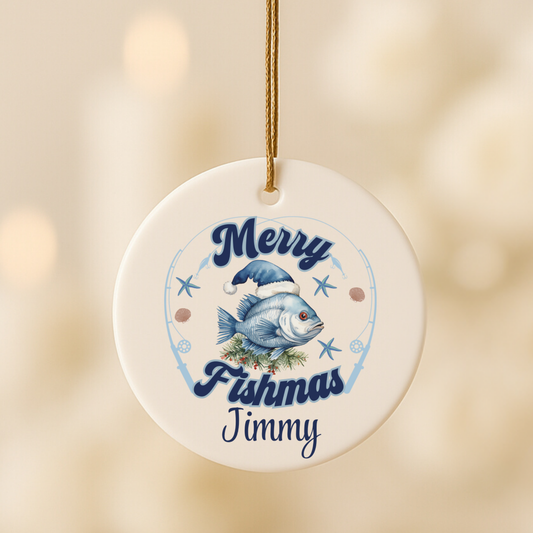 Round ceramic ornament themed with fish and the text merry fishmas. This is the perfect gift for dad or grandpa for Holiday Season