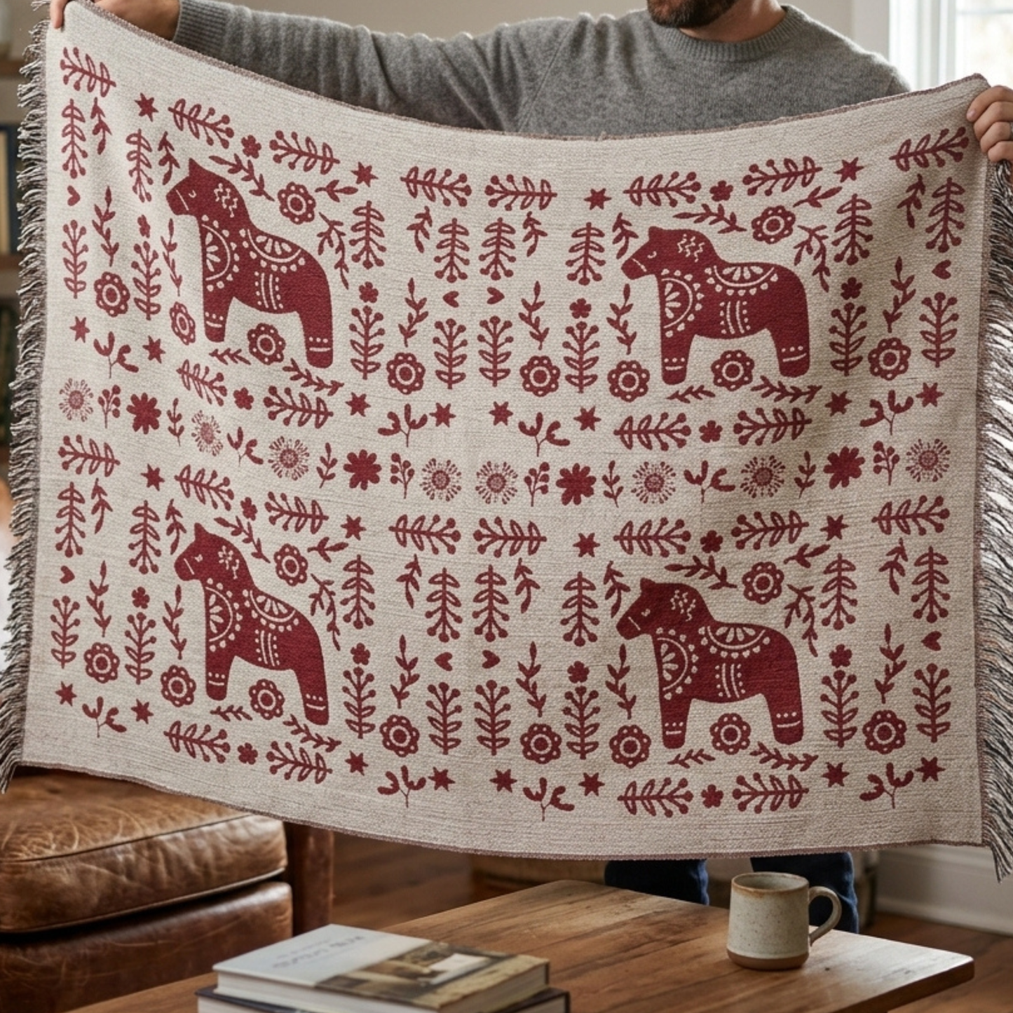Scandinavian Dala Horse Woven Blanket - Hygge Cabin Throw Gift for family - Nordic Lodge Decor