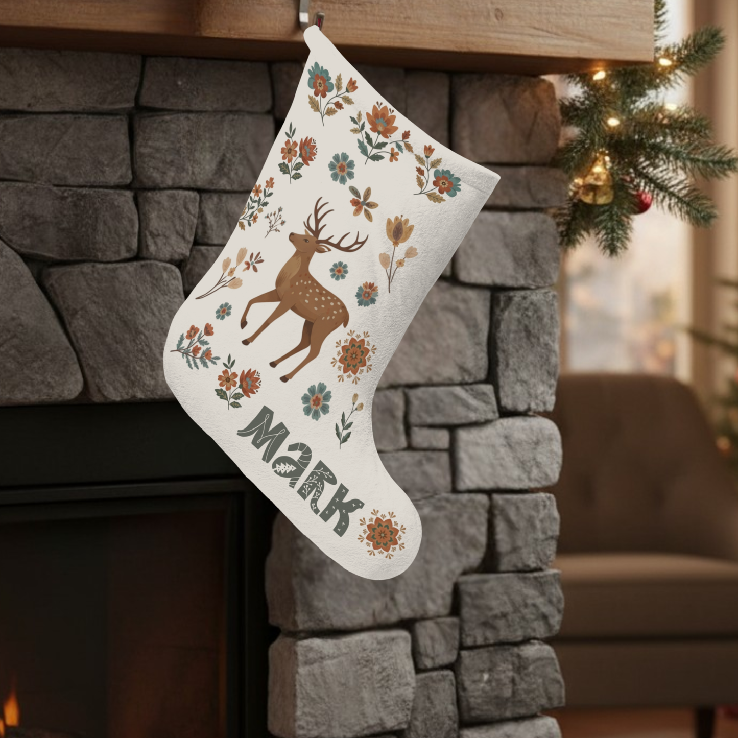 Personalized Christmas Stocking - Nordic Deer Cabin Decor - Custom Name Holiday Gift