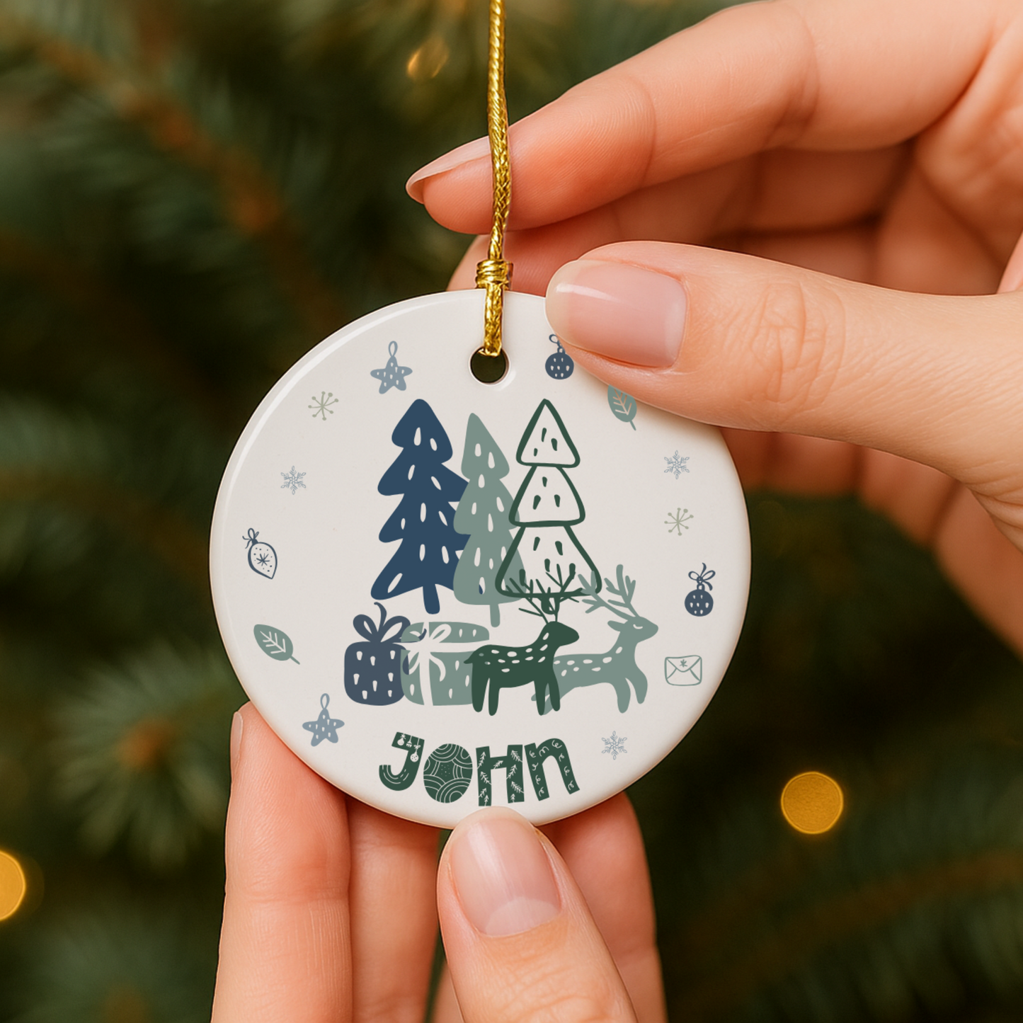Nordic Christmas Ornament custom name -Deer and Pine Trees Christmas Gift Scandinavian Decorations