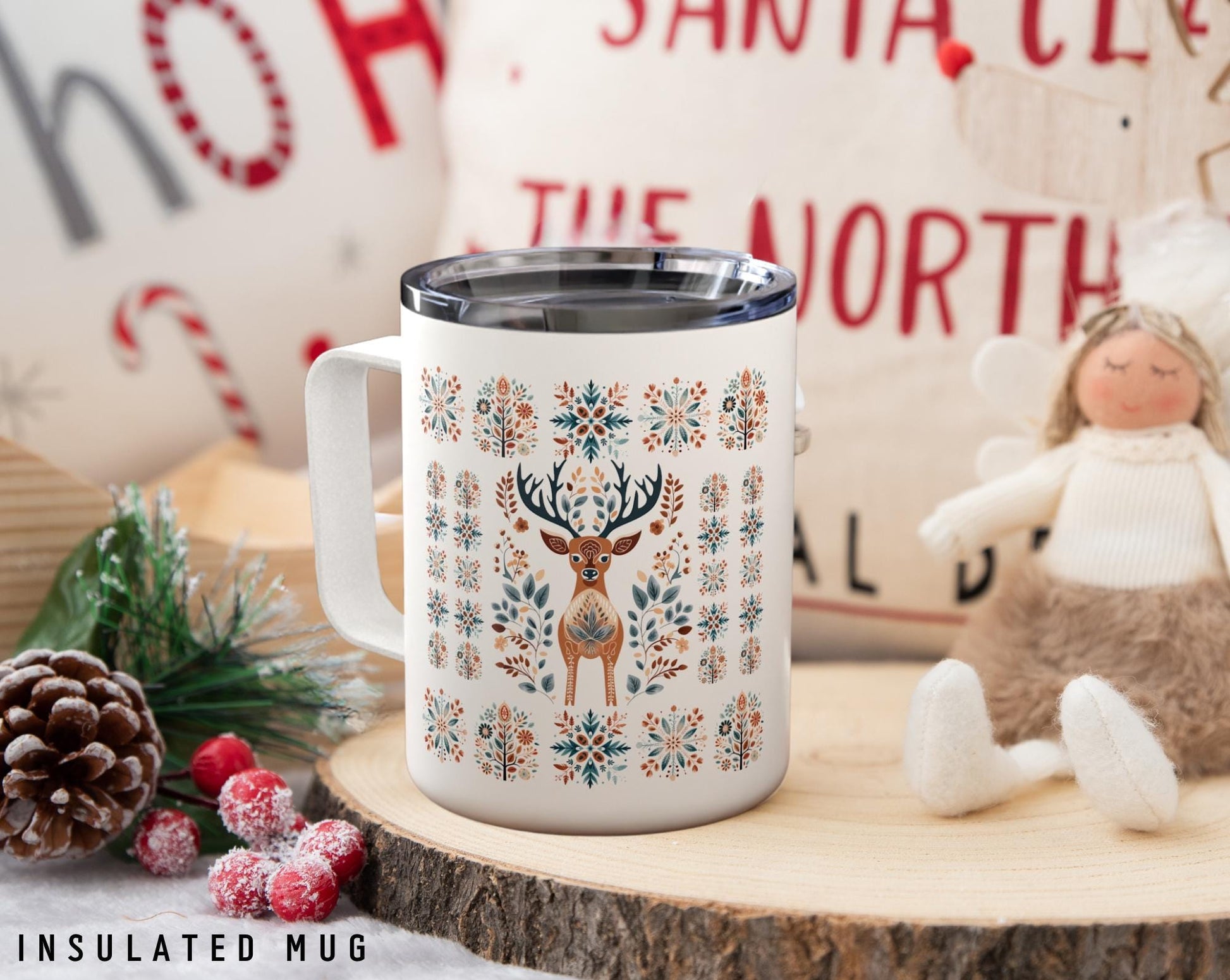 insulated mug with lid with a warm nordic folk art deer design