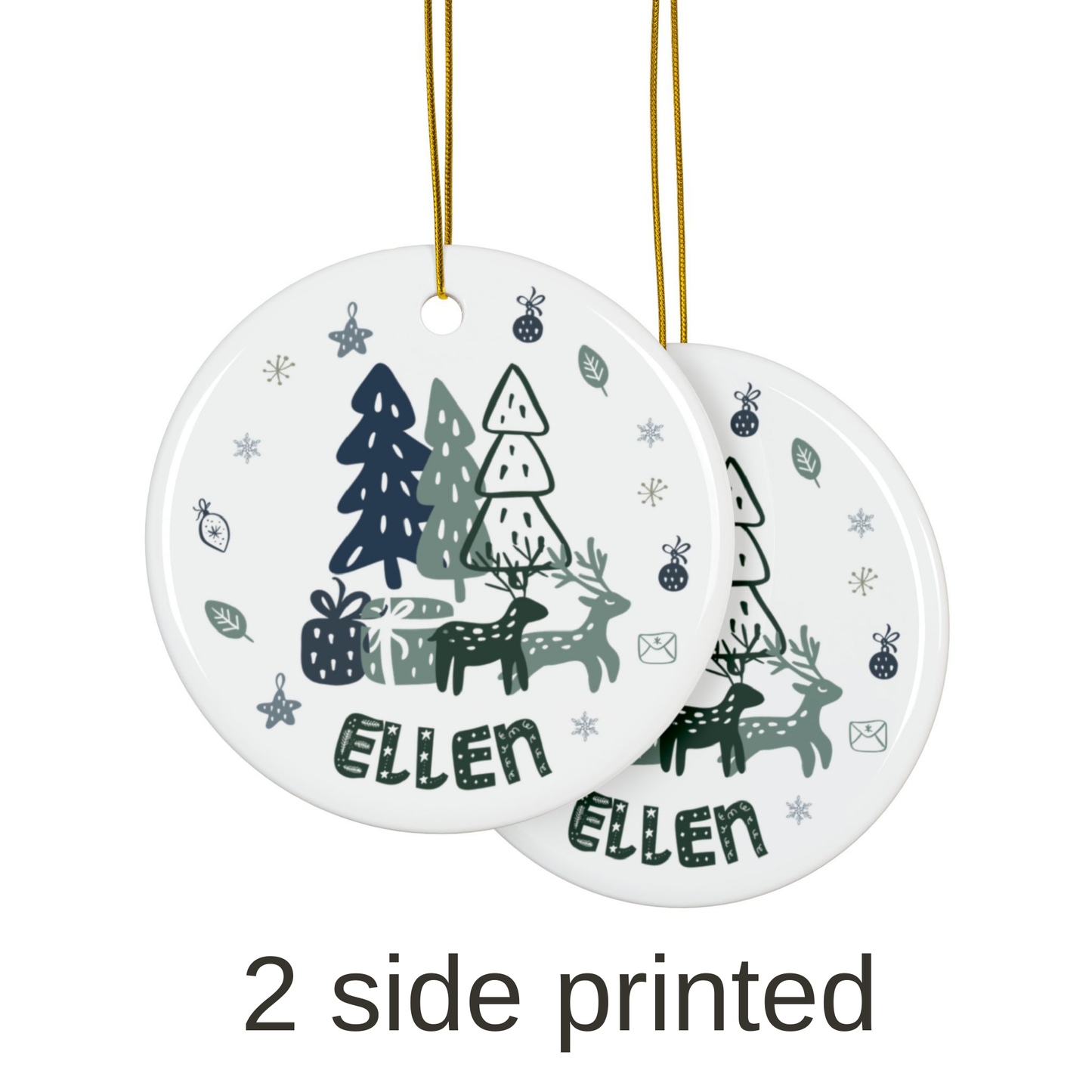 Nordic Christmas Ornament custom name -Deer and Pine Trees Christmas Gift Scandinavian Decorations