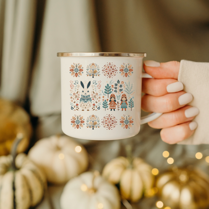 Rabbit Camp Mug with Nordic Folk Art - Thank you Gift Easter and Brunch Decor