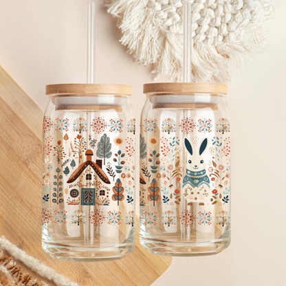 Rabbit Nordic Folk Art Coffee Glass - Bunny Easter Gift idea for Teacher thank you