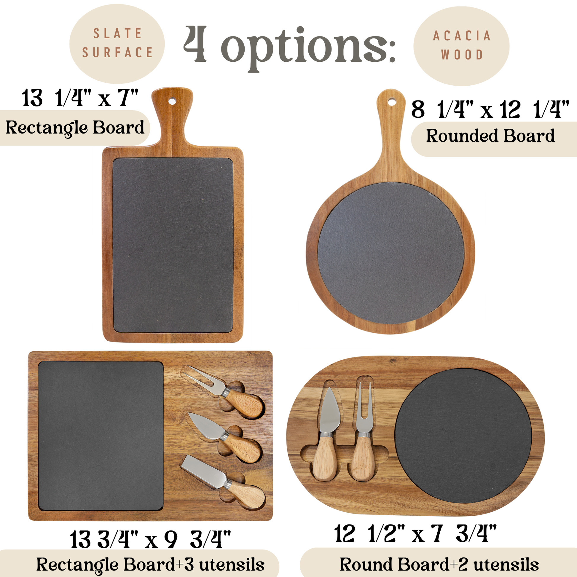 Four different sizes of wooden cutting boards with slate surfaces, each accompanied by utensils.
