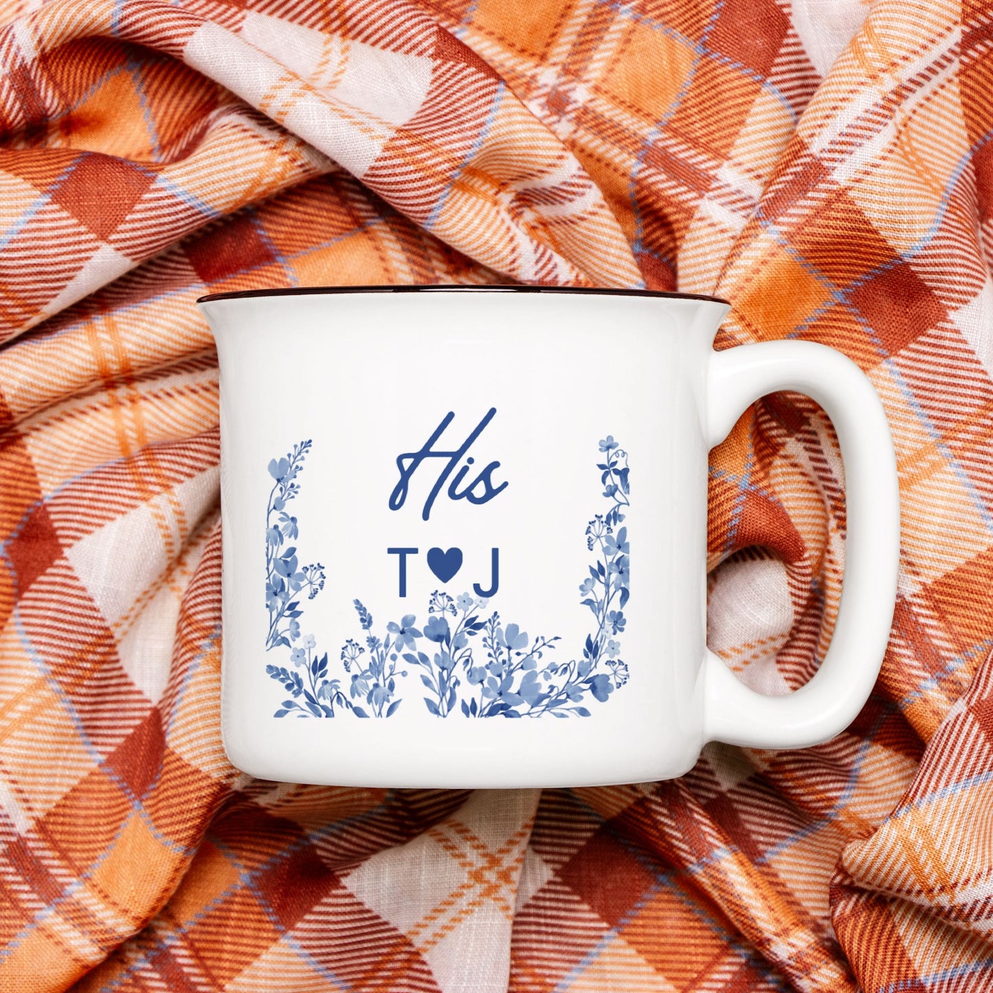 Personalized Engagement Gift Mug - His and Hers Blue Floral - Custom Wedding Gift for Couple