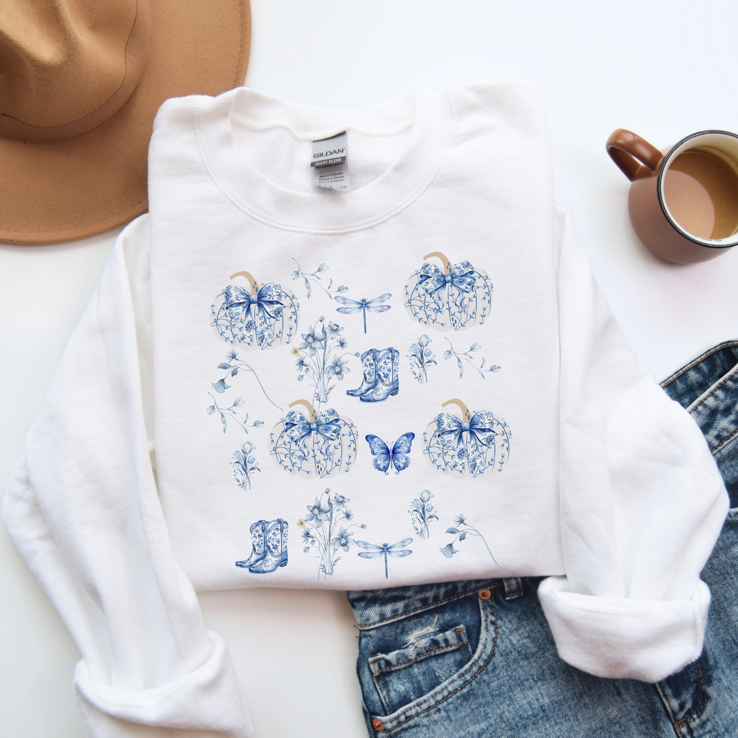 Blue Coquette Pumpkin Sweatshirt - Cozy Floral Women Fall Outfits