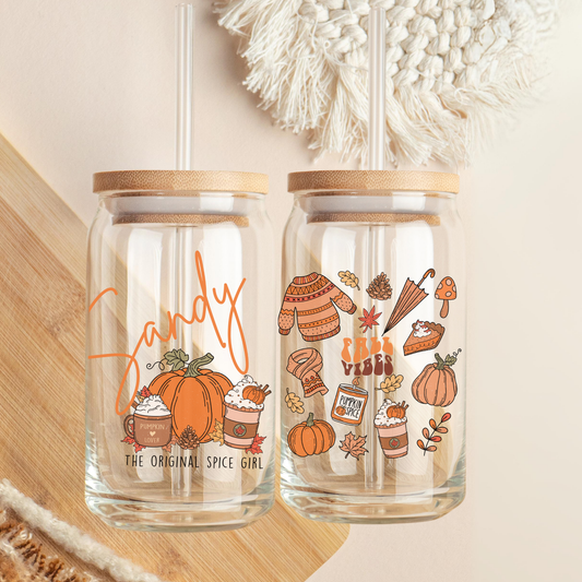 Glass Soda Can themed with a pumpkin and fall elements in boho style and the phrases "the original spice girl" and "fall vibes" the glass can be custom with name and include bamboo lid and straw 