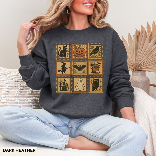Halloween Vintage Stamps Cat and pumpkins Crewneck - Cozy Fall Sweatshirt Outfit