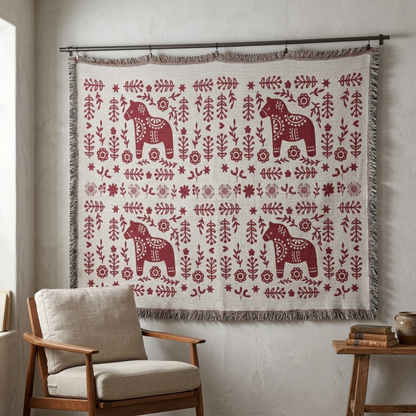 Scandinavian Dala Horse Woven Blanket - Hygge Cabin Throw Gift for family - Nordic Lodge Decor