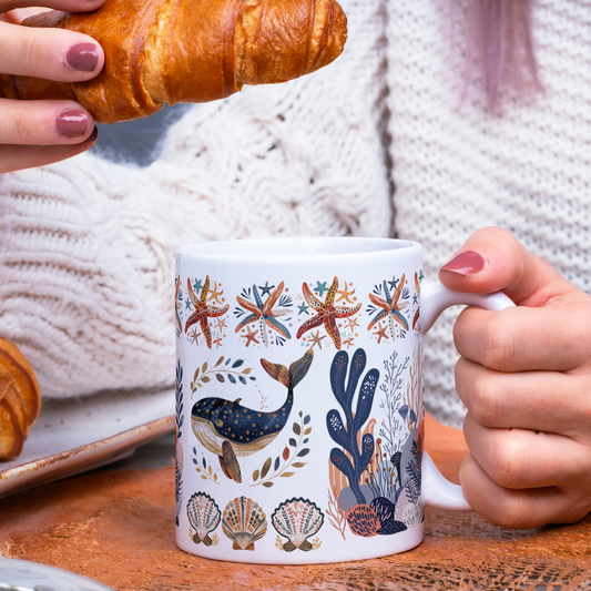 Coastal Marine Life Mug - Whales and Starfish Art Cup for Ocean and beach Lover Gift