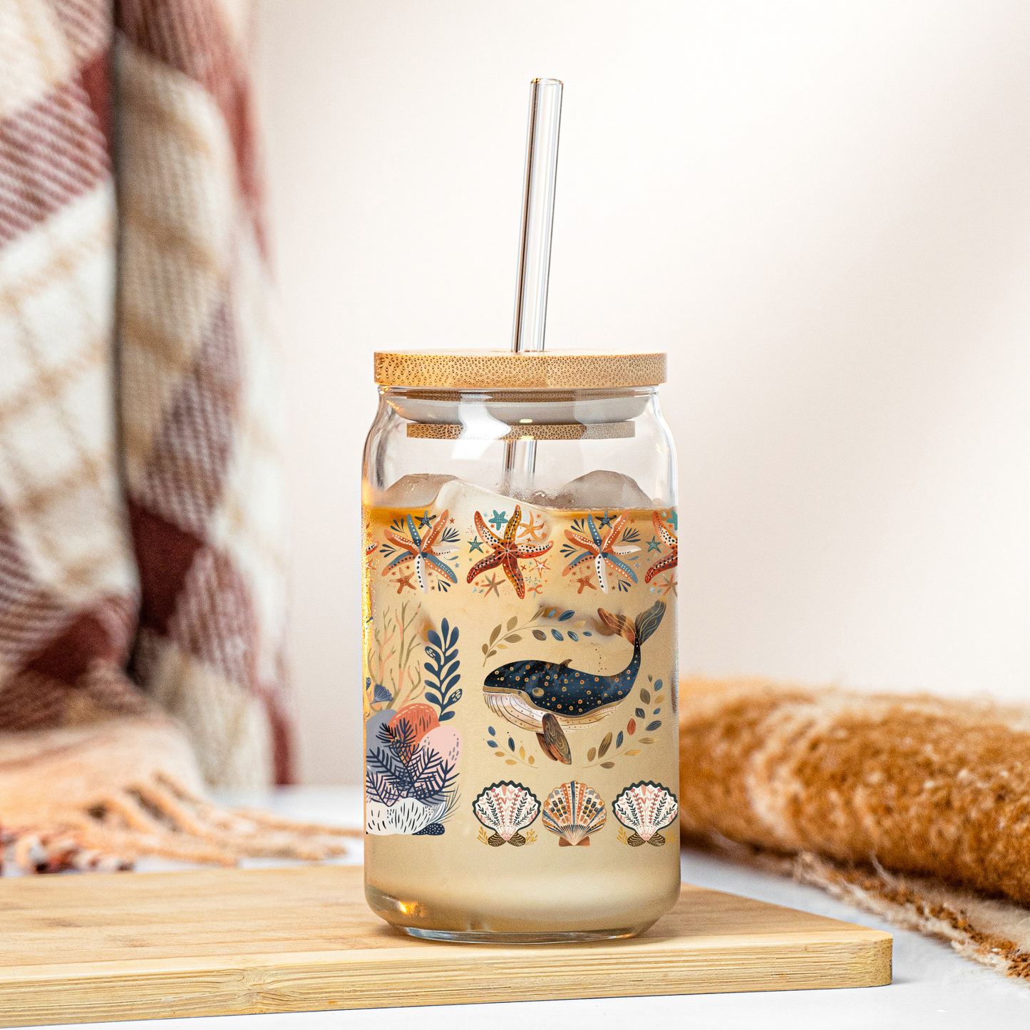 Coastal Whale and Starfish Glass Tumbler Perfect for Beach House Drinkware