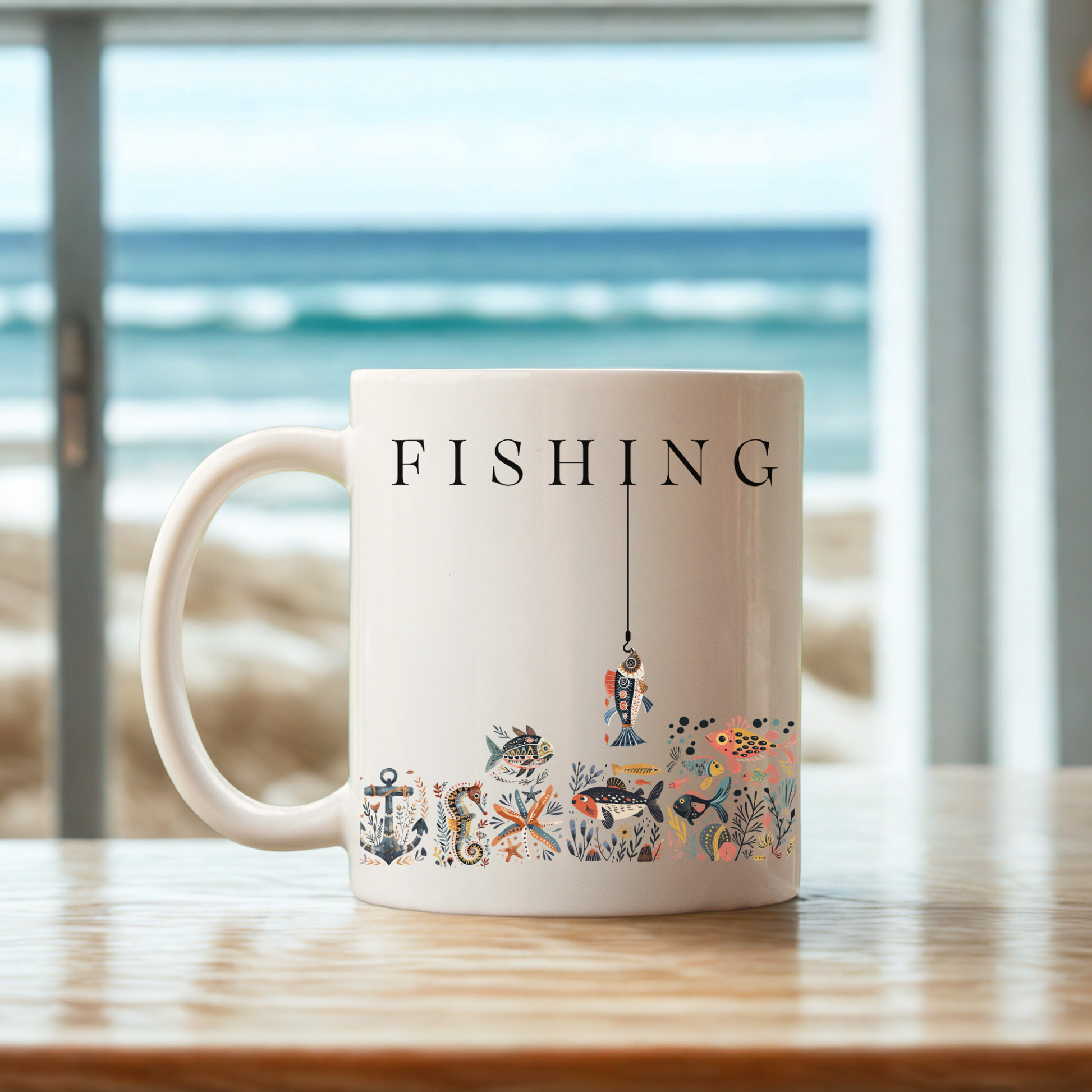ceramic coffee mug with the word fishing and a nordic folk art of fish and sea life