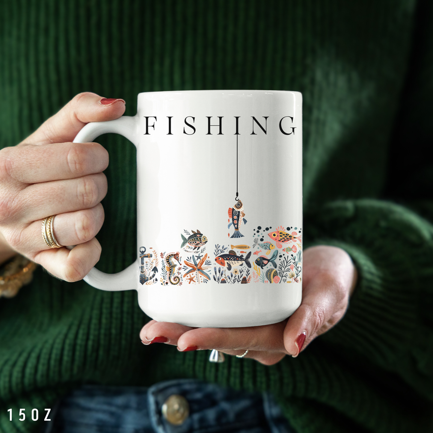 Fishing Mug Nordic Folk Art Gift for Fisherman Sailing and Beach Lovers