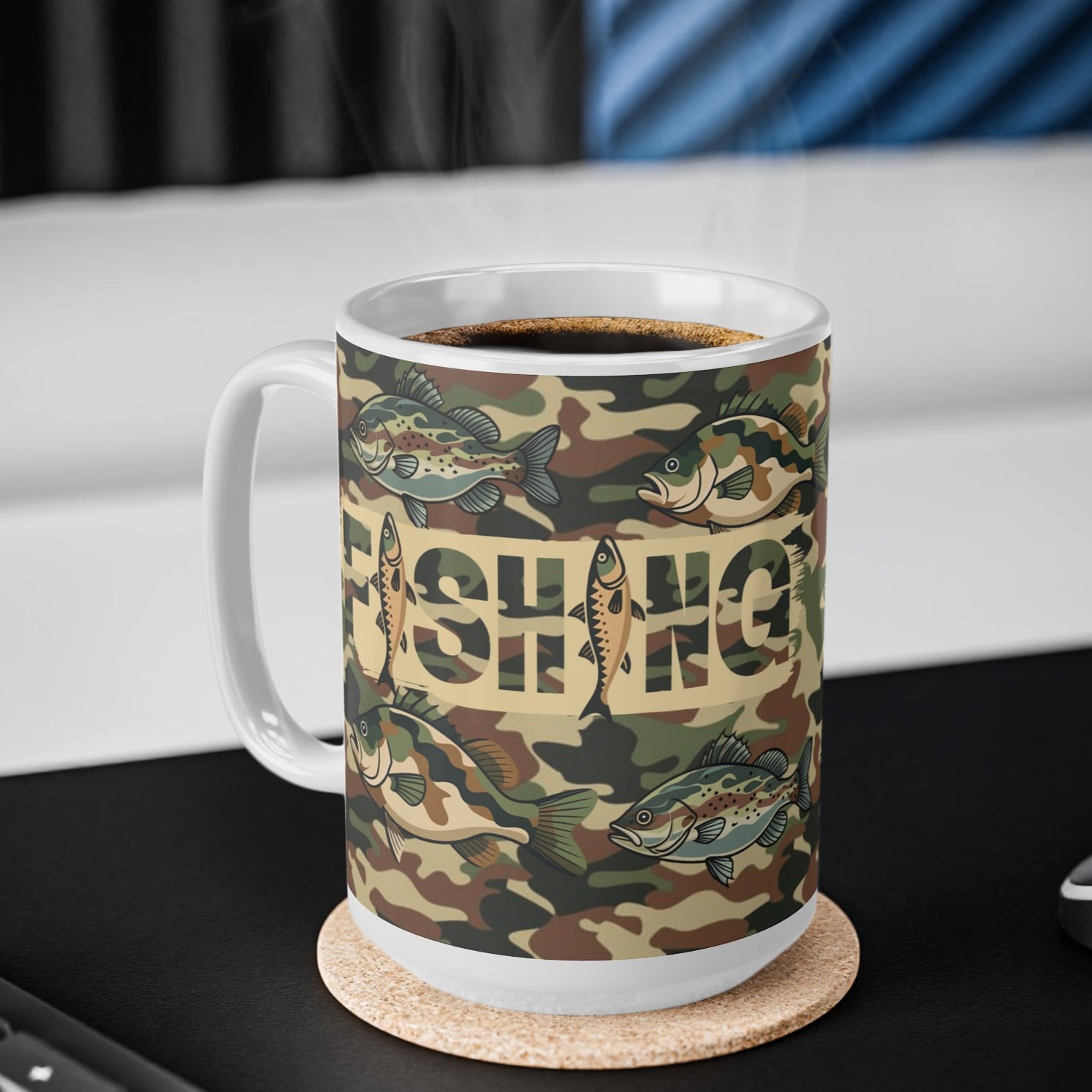 fishing camouflage themed mug with custom name for anglers and bass fishing men and women