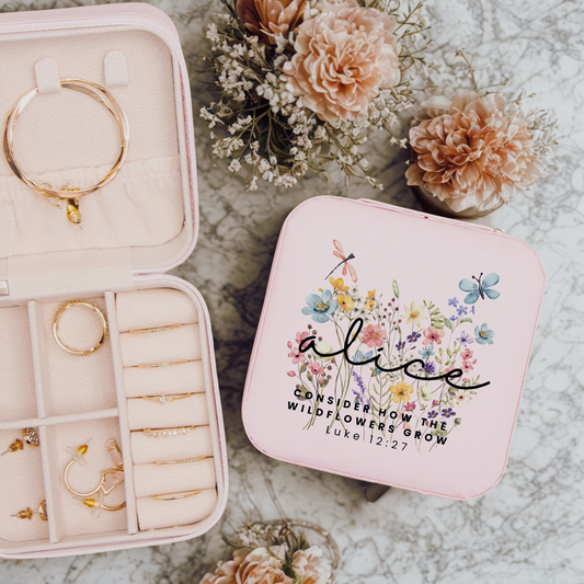 Floral Jewelry Travel Case with custom name and bible verse - Gift for Girl or Bridesmaids