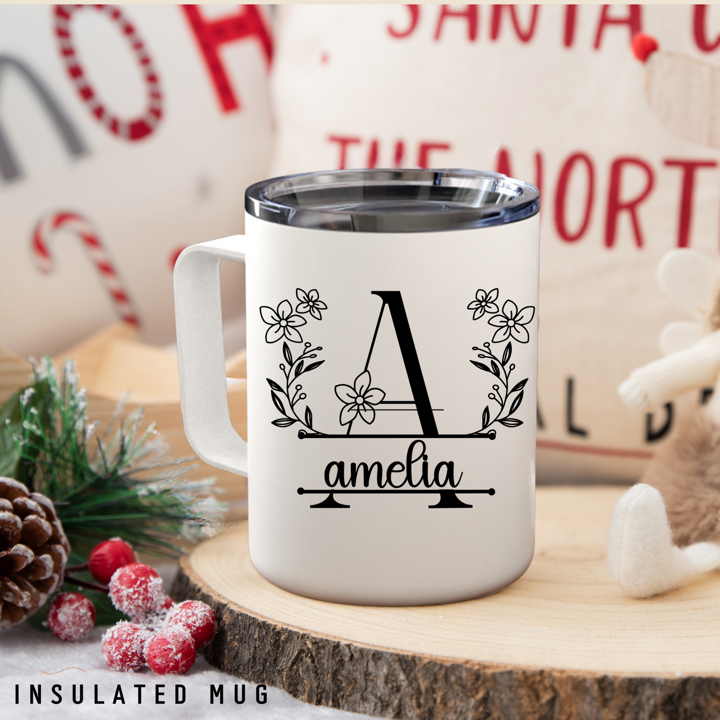 Floral Custom name Mug Insulated with lid - Women & Bridesmaid Gifts