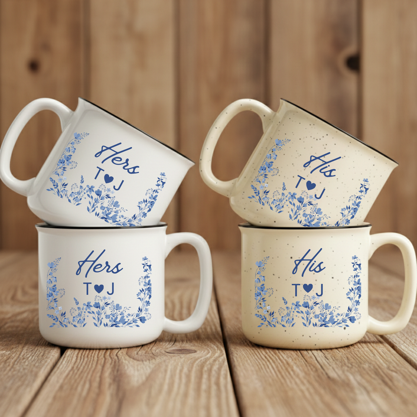 Personalized Engagement Gift Mug - His and Hers Blue Floral - Custom Wedding Gift for Couple