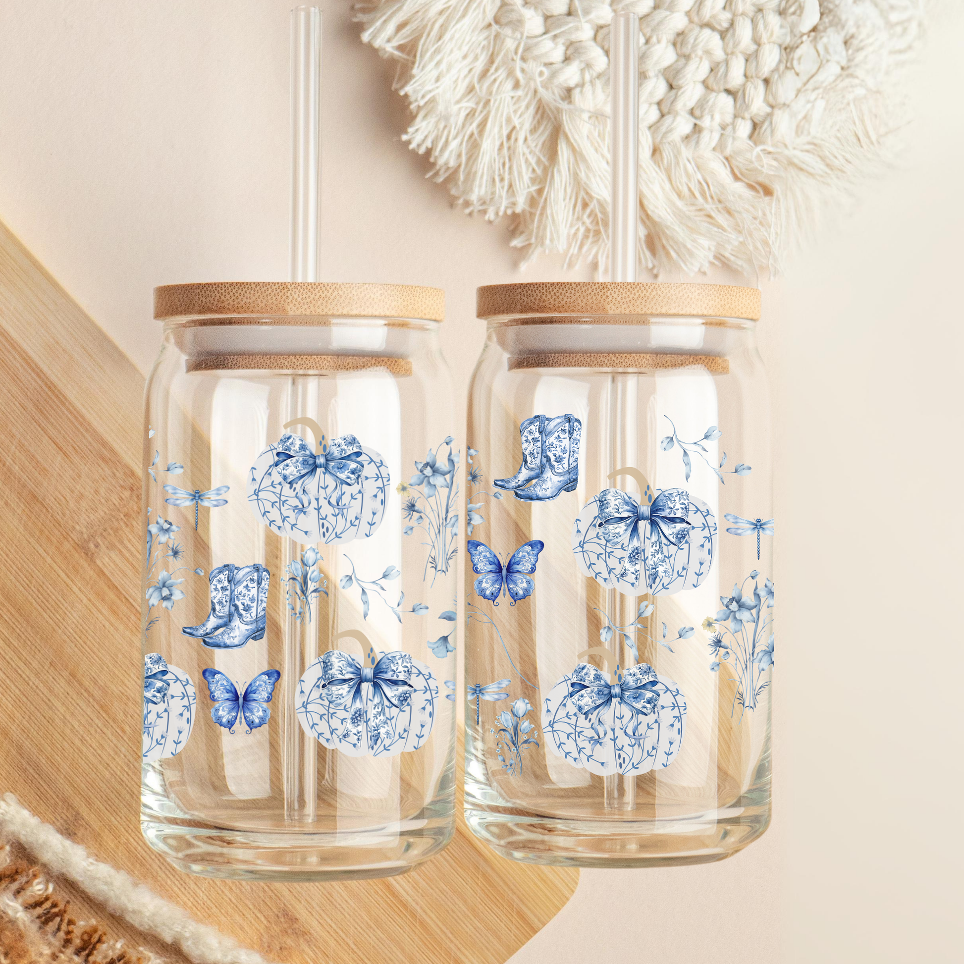 Blue Floral Pumpkins Tumbler Glass for pumpkin spice lover gift