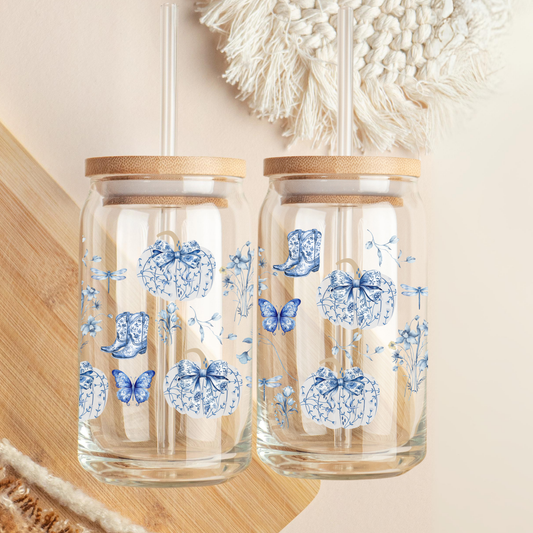 Blue Floral Pumpkins Tumbler Glass for pumpkin spice lover gift