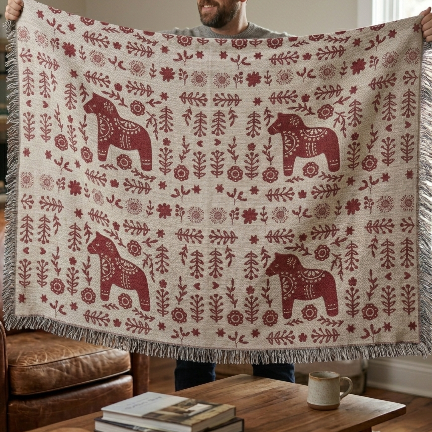 Scandinavian Dala Horse Woven Blanket - Hygge Cabin Throw Gift for family - Nordic Lodge Decor