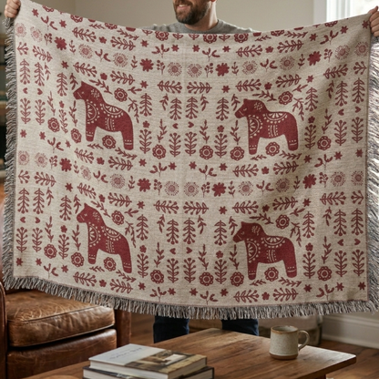 Scandinavian Dala Horse Woven Blanket - Hygge Cabin Throw Gift for family - Nordic Lodge Decor