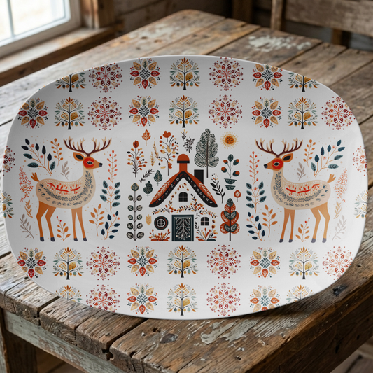 Scandinavian Serving Platter - Nordic Deer Folk Art Tray - Hygge Kitchen Decor Gift