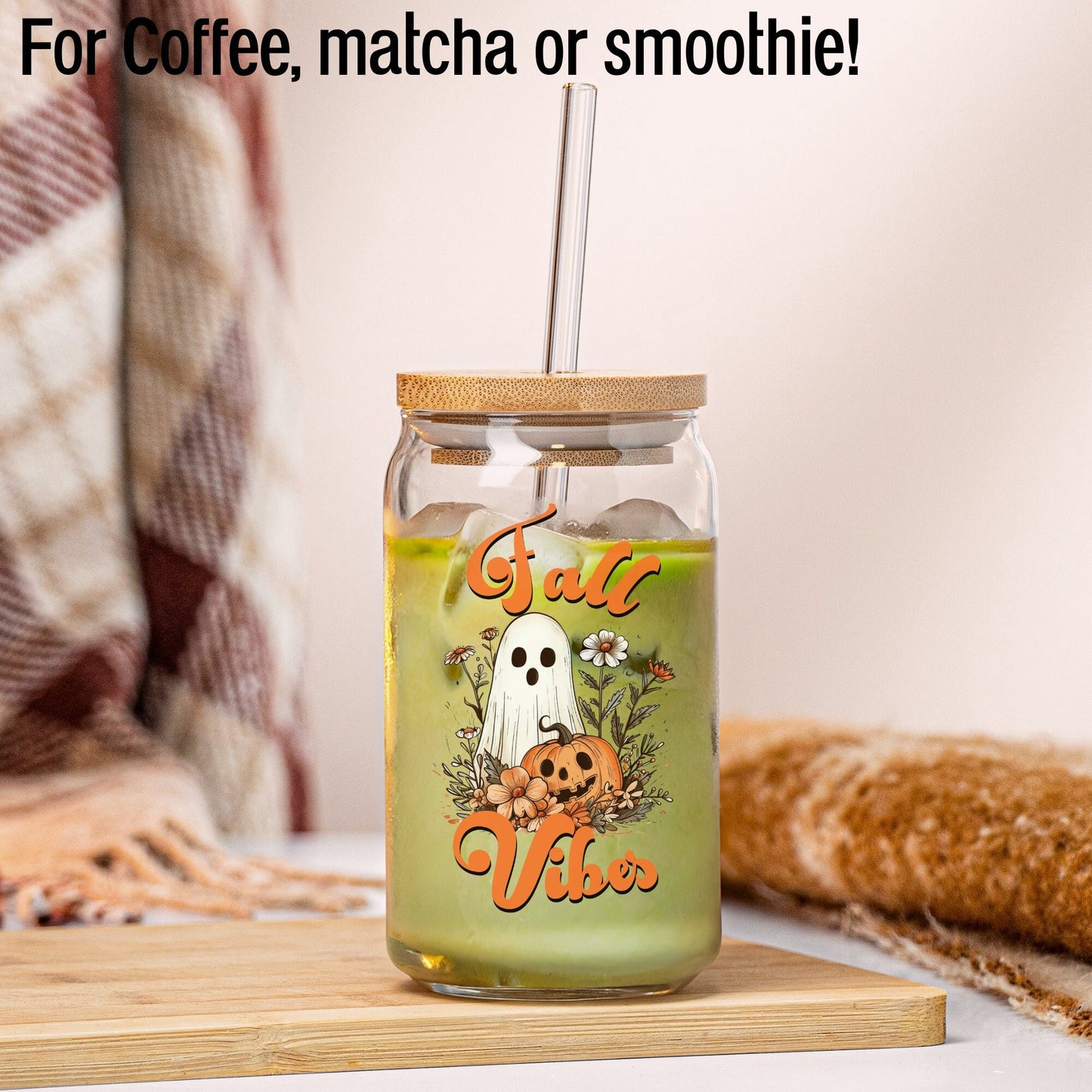 Fall Ghost Vibes Coffee Glass Cup for Halloween and thanksgiving gifts