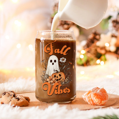 Fall Ghost Vibes Coffee Glass Cup for Halloween and thanksgiving gifts