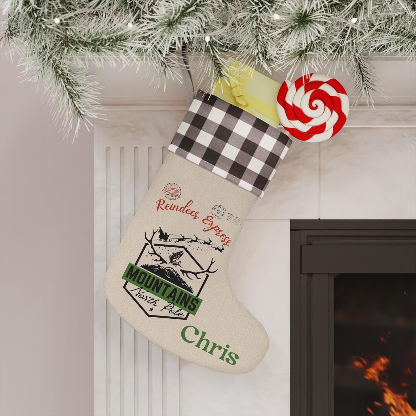 Mountain Christmas Stocking Fishing and Camping Holiday Rustic Gift Bag