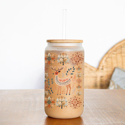 Deer Coffee Glass Cup Scandinavian Design Folk Art - Cozy Hygge Home Gift