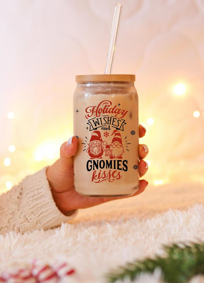Gnome Tumbler Christmas Coffee Glass Cup - Cozy Gift Bookish Bestie