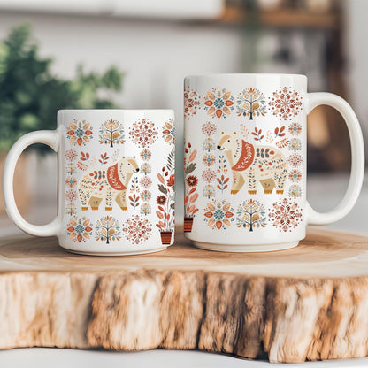Bear Coffee Mug Scandinavian Folk Art - Nordic Hygge Home Gift